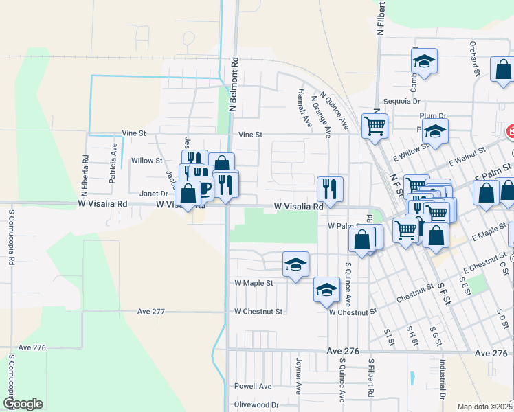 map of restaurants, bars, coffee shops, grocery stores, and more near 881 West Visalia Road in Exeter