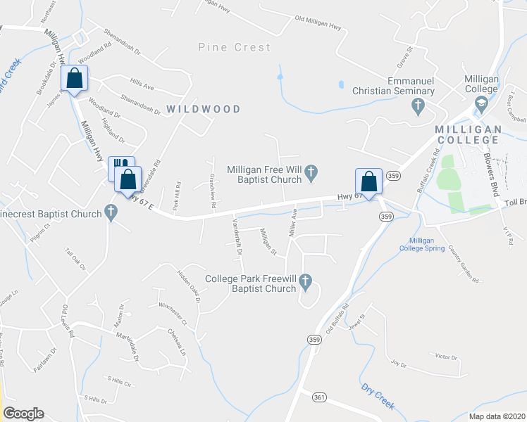 map of restaurants, bars, coffee shops, grocery stores, and more near 1436 Milligan Highway in Johnson City