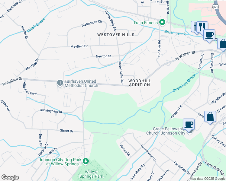 map of restaurants, bars, coffee shops, grocery stores, and more near 2907 West Walnut Street in Johnson City