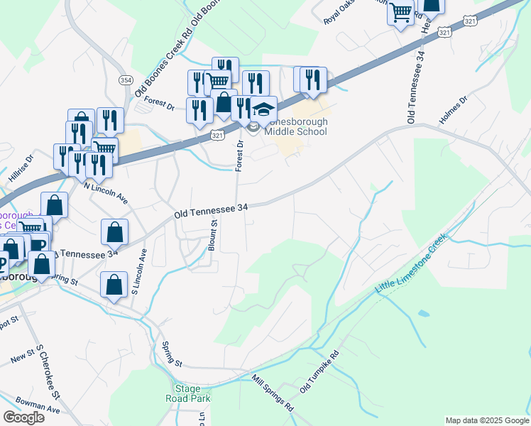 map of restaurants, bars, coffee shops, grocery stores, and more near 510 E Main St in Jonesborough