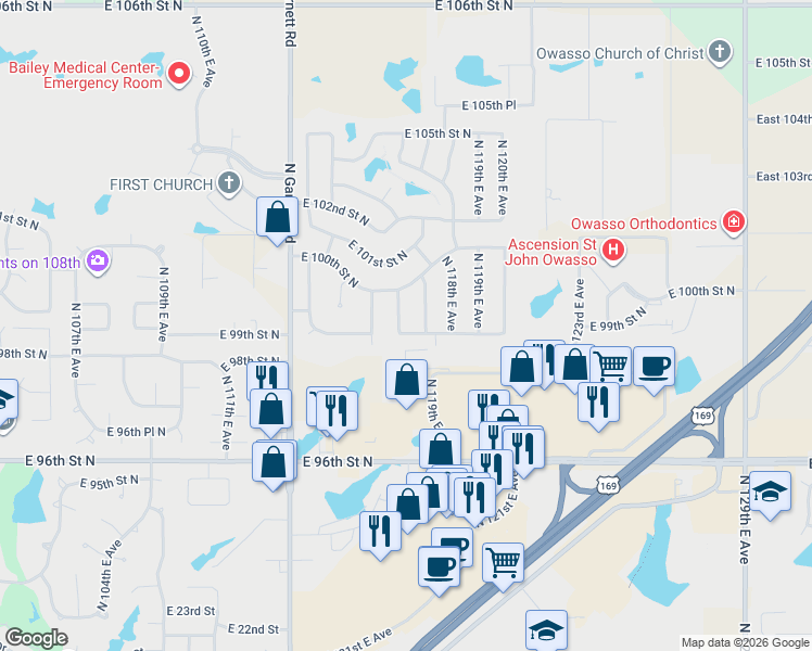 map of restaurants, bars, coffee shops, grocery stores, and more near 9900 North 116th East Avenue in Owasso