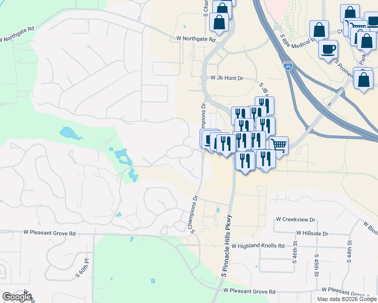map of restaurants, bars, coffee shops, grocery stores, and more near 1 West Colonial Drive in Rogers