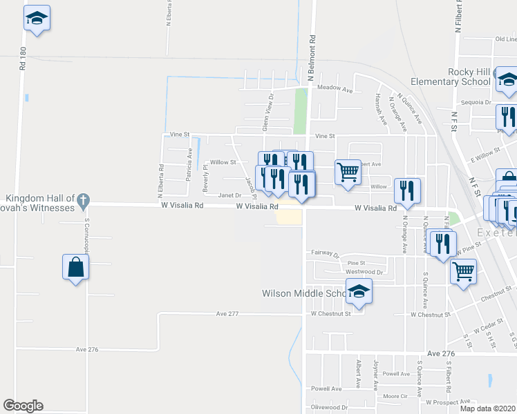map of restaurants, bars, coffee shops, grocery stores, and more near 1857 West Visalia Road in Exeter