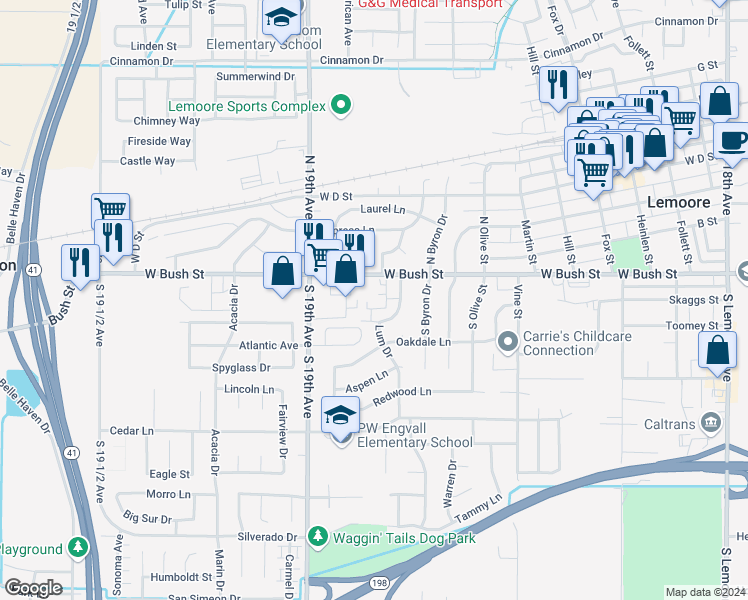 map of restaurants, bars, coffee shops, grocery stores, and more near 1010 Linda Lane in Lemoore
