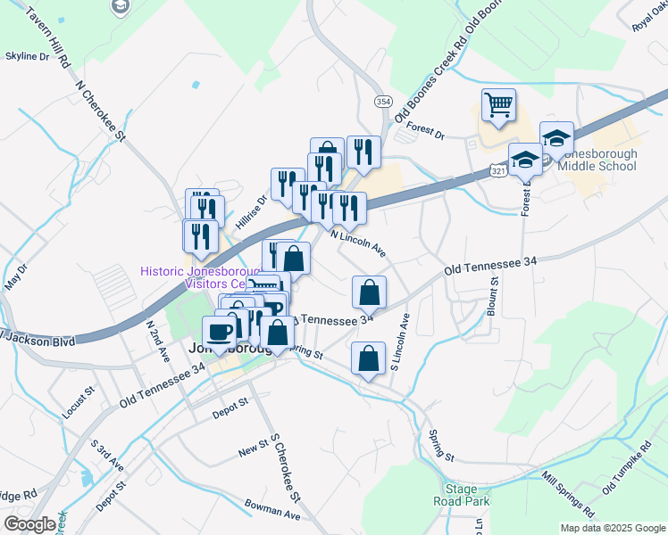 map of restaurants, bars, coffee shops, grocery stores, and more near 204 Correll Lane in Jonesborough