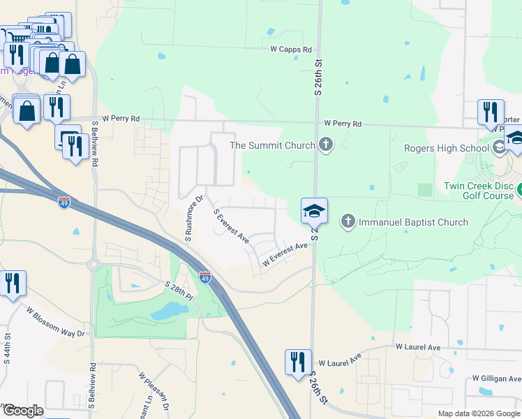 map of restaurants, bars, coffee shops, grocery stores, and more near 2702 West Kilimanjaro Way in Rogers