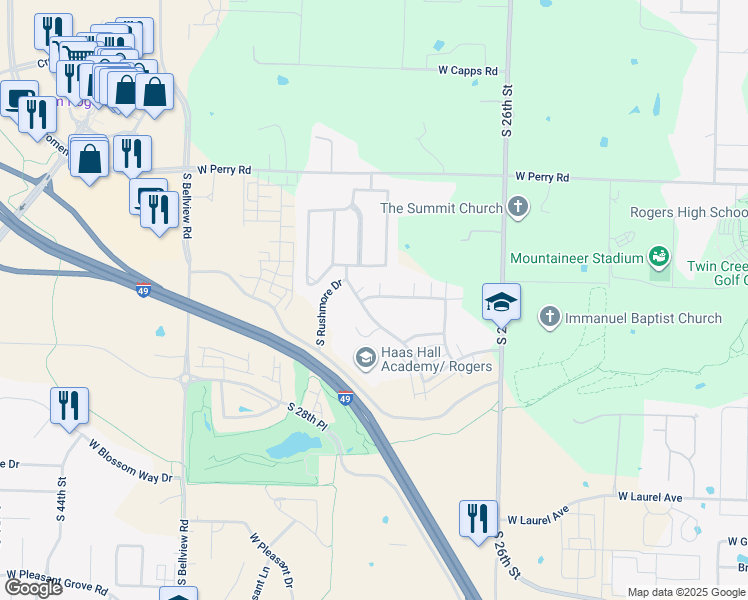 map of restaurants, bars, coffee shops, grocery stores, and more near 2614 South Everest Avenue in Rogers