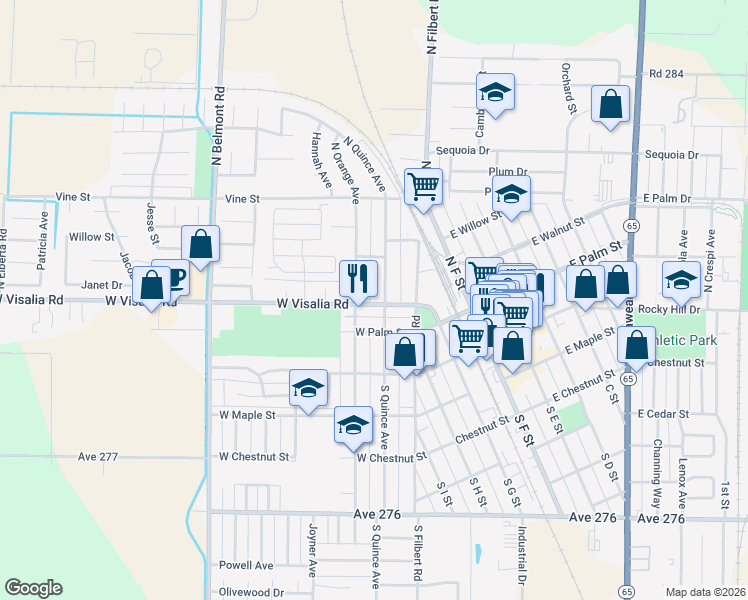 map of restaurants, bars, coffee shops, grocery stores, and more near 241 North Quince Avenue in Exeter