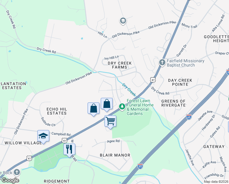 map of restaurants, bars, coffee shops, grocery stores, and more near 108 Robert Cartwright Drive in Goodlettsville