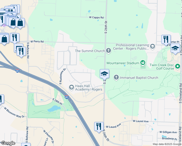 map of restaurants, bars, coffee shops, grocery stores, and more near 2600 West Kilimanjaro Way in Rogers