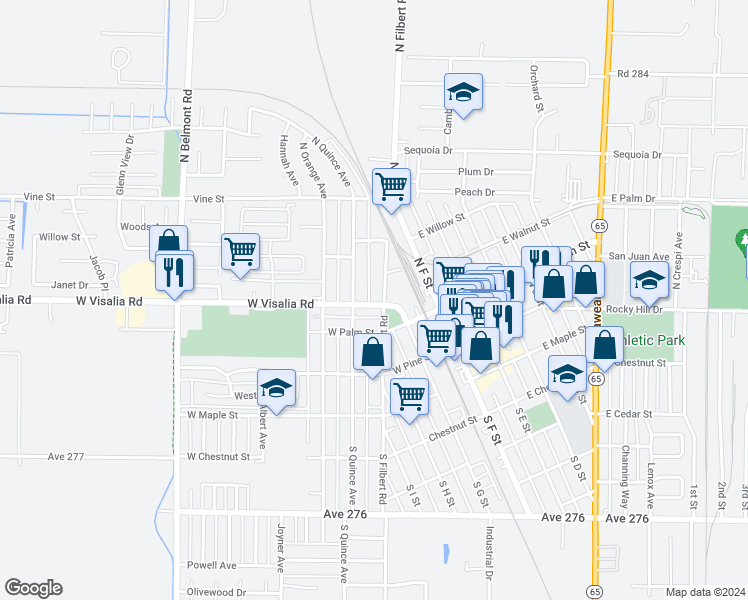 map of restaurants, bars, coffee shops, grocery stores, and more near 301 West Visalia Road in Exeter