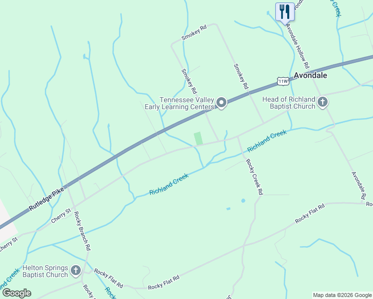 map of restaurants, bars, coffee shops, grocery stores, and more near 1333 Cherry Street in Rutledge
