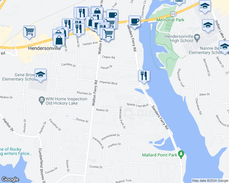 map of restaurants, bars, coffee shops, grocery stores, and more near 126 Walton Village Drive in Hendersonville