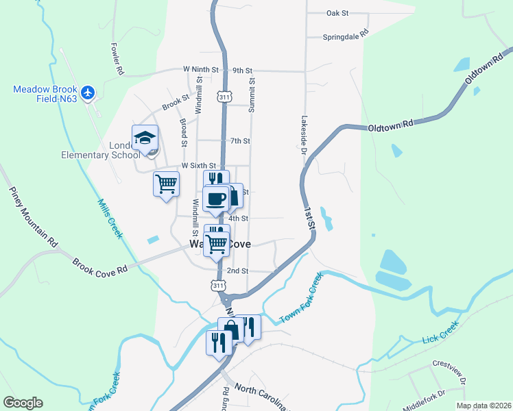 map of restaurants, bars, coffee shops, grocery stores, and more near 412 Summit Street in Walnut Cove