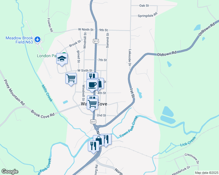 map of restaurants, bars, coffee shops, grocery stores, and more near 412 Summit Street in Walnut Cove