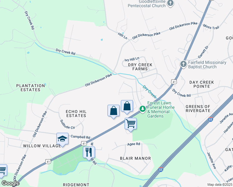 map of restaurants, bars, coffee shops, grocery stores, and more near 100 Robert Cartwright Drive in Goodlettsville