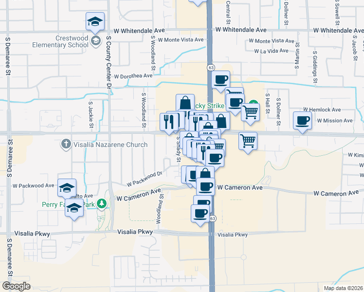 map of restaurants, bars, coffee shops, grocery stores, and more near 3724 South Shady Street in Visalia