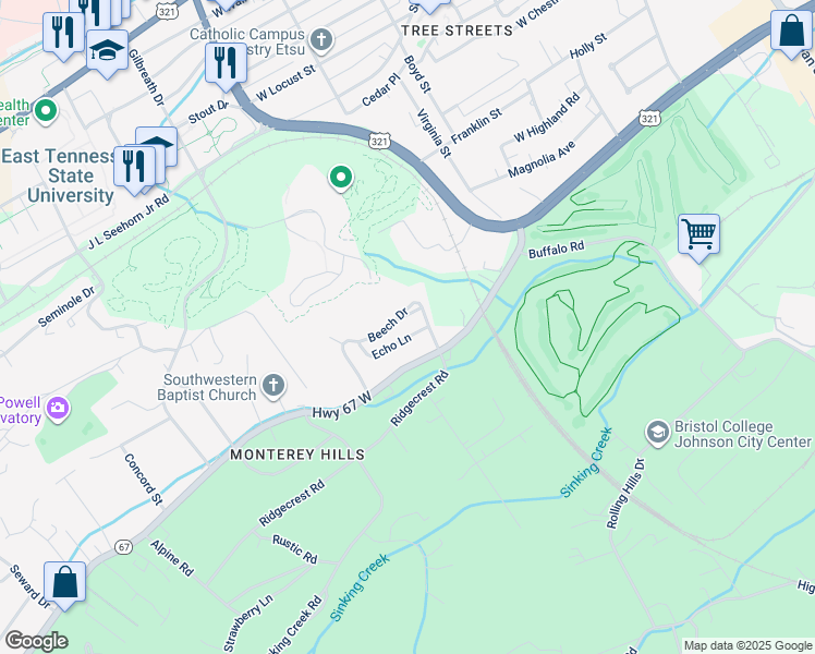map of restaurants, bars, coffee shops, grocery stores, and more near 902 Echo Lane in Johnson City