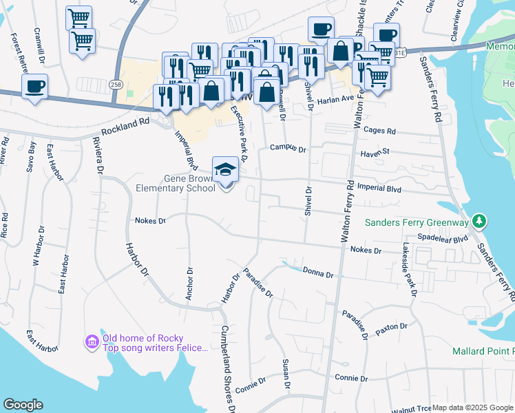map of restaurants, bars, coffee shops, grocery stores, and more near 231 Stadium Drive in Hendersonville