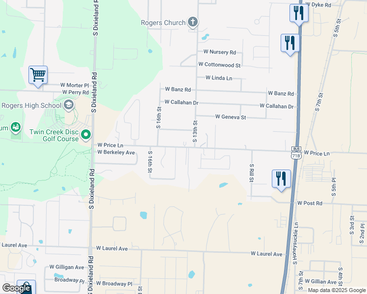 map of restaurants, bars, coffee shops, grocery stores, and more near 2405 South 14th Street in Rogers