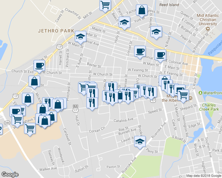 map of restaurants, bars, coffee shops, grocery stores, and more near 799 West Grice Street in Elizabeth City