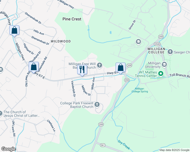map of restaurants, bars, coffee shops, grocery stores, and more near 1462 Milligan Highway in Johnson City