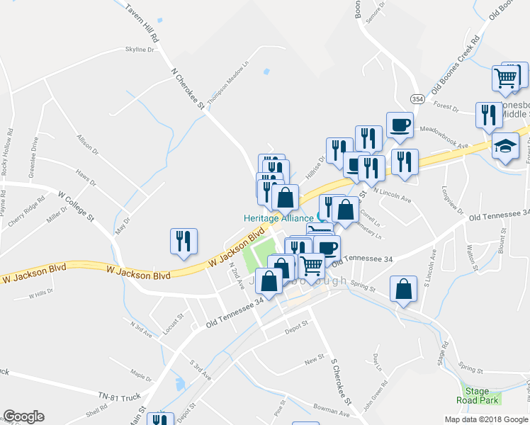 map of restaurants, bars, coffee shops, grocery stores, and more near 500 North Cherokee Street in Jonesborough