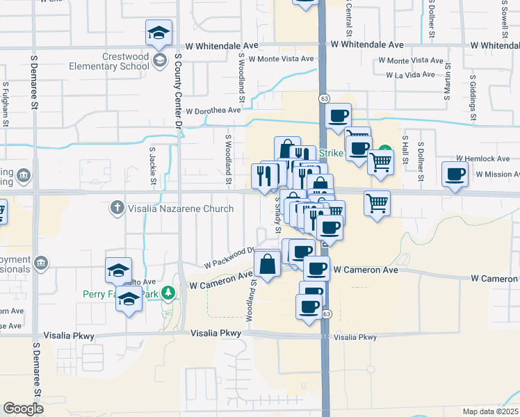 map of restaurants, bars, coffee shops, grocery stores, and more near 3726 South Sallee Court in Visalia