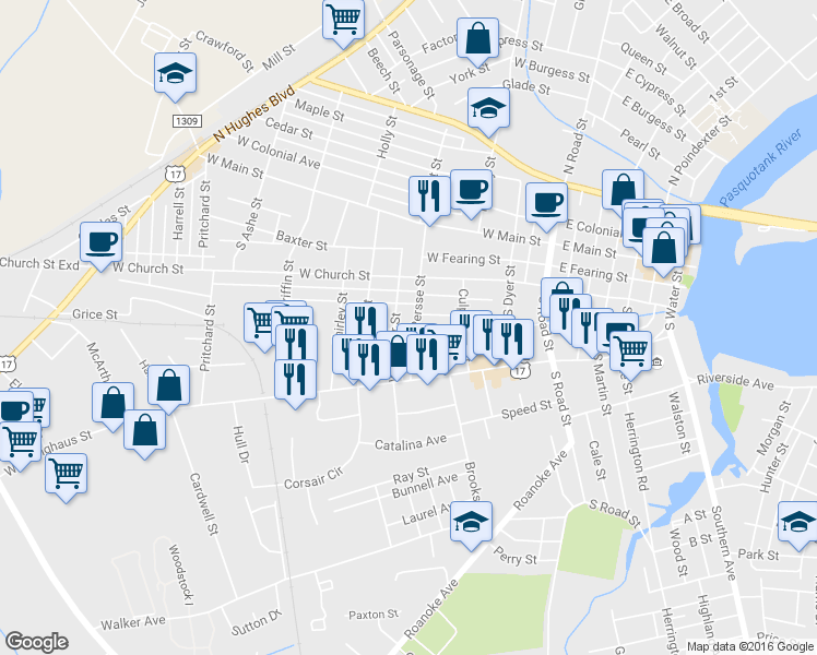 map of restaurants, bars, coffee shops, grocery stores, and more near 319 Persse Street in Elizabeth City