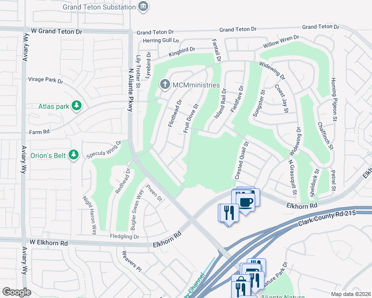 map of restaurants, bars, coffee shops, grocery stores, and more near 3240 Flyway Court in North Las Vegas