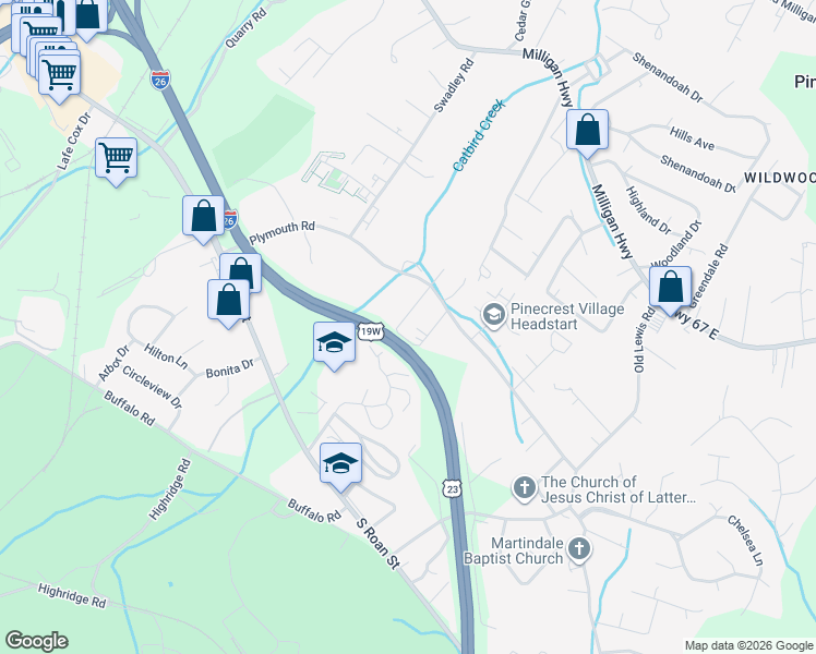 map of restaurants, bars, coffee shops, grocery stores, and more near 402 Ketron Lane in Johnson City