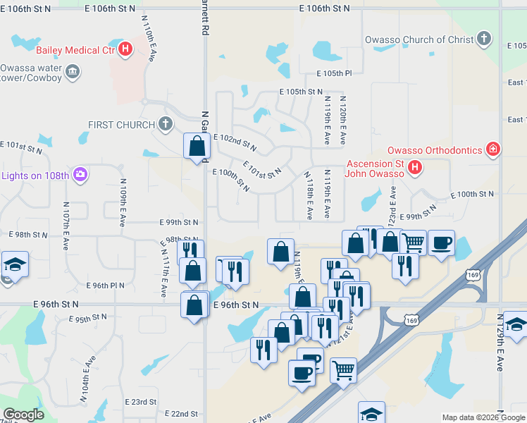 map of restaurants, bars, coffee shops, grocery stores, and more near 9900 North 116th East Avenue in Owasso