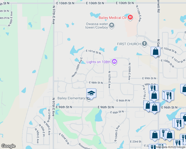 map of restaurants, bars, coffee shops, grocery stores, and more near 10206 East 98th Place North in Owasso