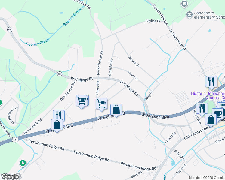map of restaurants, bars, coffee shops, grocery stores, and more near 1116 Miller Drive in Jonesborough