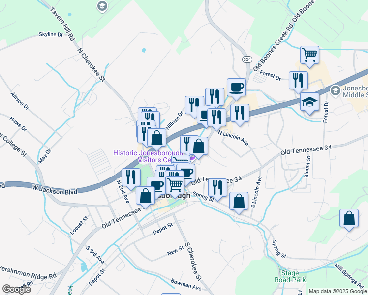 map of restaurants, bars, coffee shops, grocery stores, and more near 123 Boone Street in Jonesborough