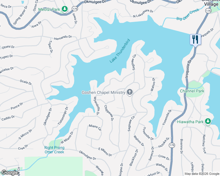 map of restaurants, bars, coffee shops, grocery stores, and more near 32 Wyandotte Drive in Cherokee Village