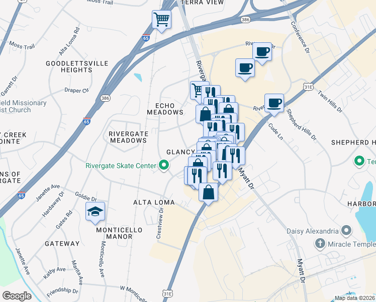 map of restaurants, bars, coffee shops, grocery stores, and more near 159 Gleaves Street in Goodlettsville