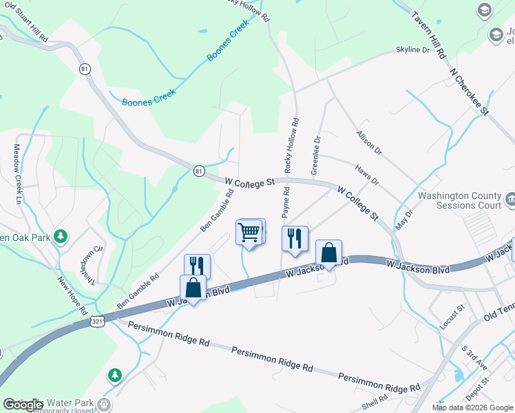 map of restaurants, bars, coffee shops, grocery stores, and more near 1317 West College Street in Jonesborough