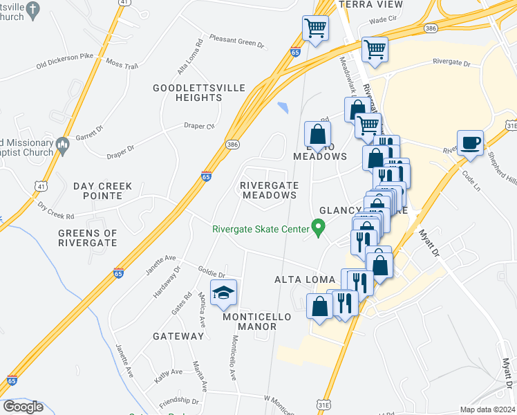 map of restaurants, bars, coffee shops, grocery stores, and more near 424 Rivergate Meadows Drive in Goodlettsville