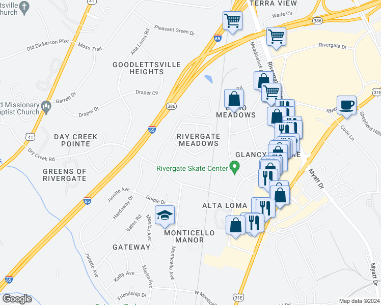 map of restaurants, bars, coffee shops, grocery stores, and more near Rivergate Meadows Drive in Goodlettsville