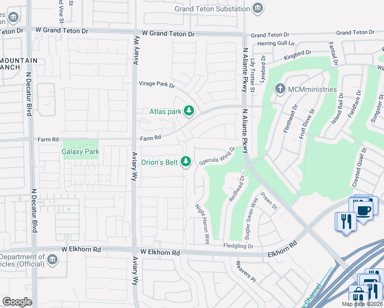 map of restaurants, bars, coffee shops, grocery stores, and more near 7437 Eggshell Drive in North Las Vegas