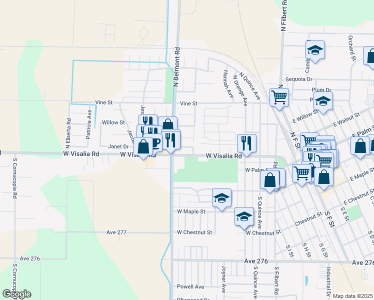 map of restaurants, bars, coffee shops, grocery stores, and more near 881-1099 West Visalia Road in Exeter