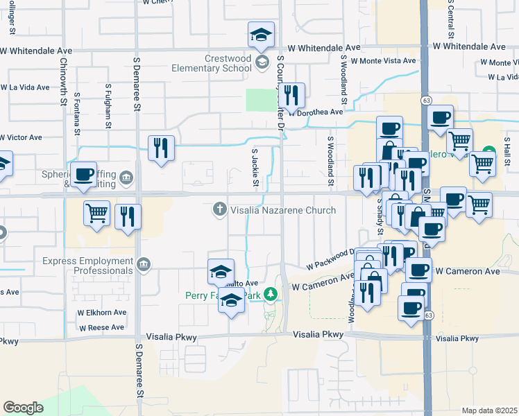 map of restaurants, bars, coffee shops, grocery stores, and more near 3720 South Mountain Court in Visalia