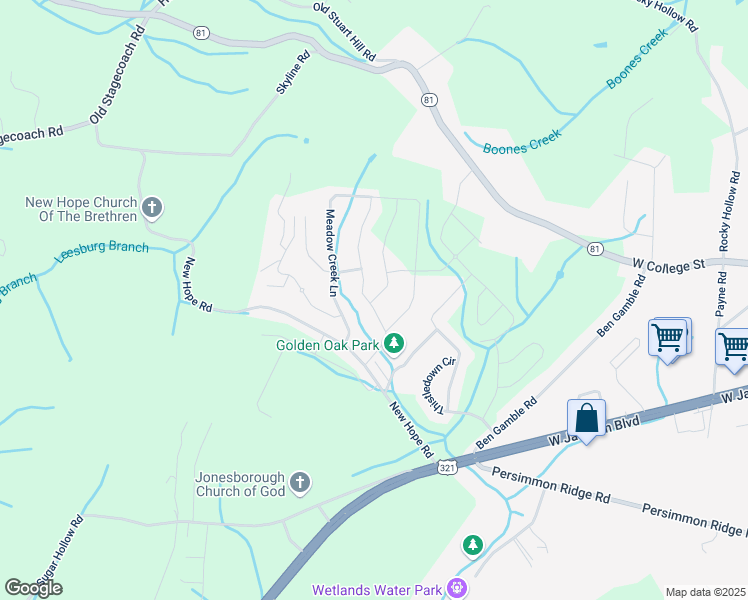 map of restaurants, bars, coffee shops, grocery stores, and more near 211 Miss Maude Patton Lane in Jonesborough