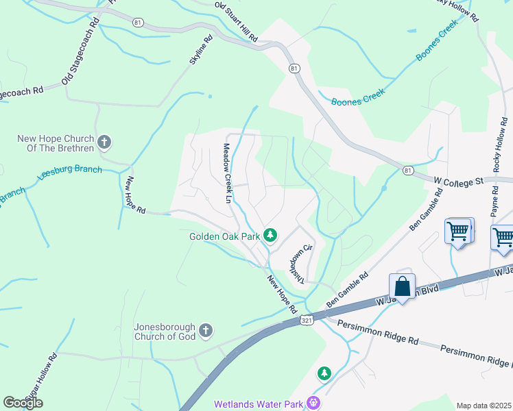 map of restaurants, bars, coffee shops, grocery stores, and more near 178 Miss Maude Patton Lane in Jonesborough