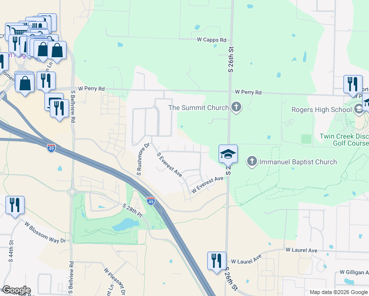 map of restaurants, bars, coffee shops, grocery stores, and more near 2754 West Kilimanjaro Way in Rogers