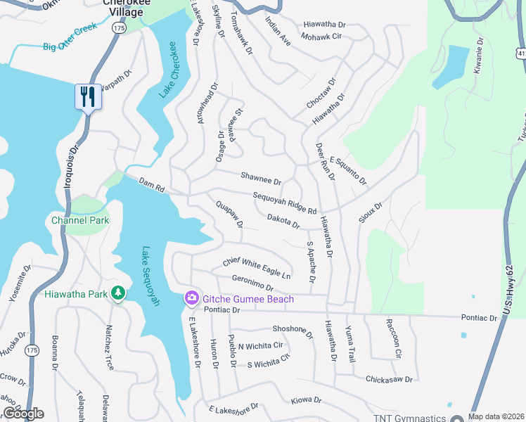 map of restaurants, bars, coffee shops, grocery stores, and more near 16 East Ute Circle in Cherokee Village