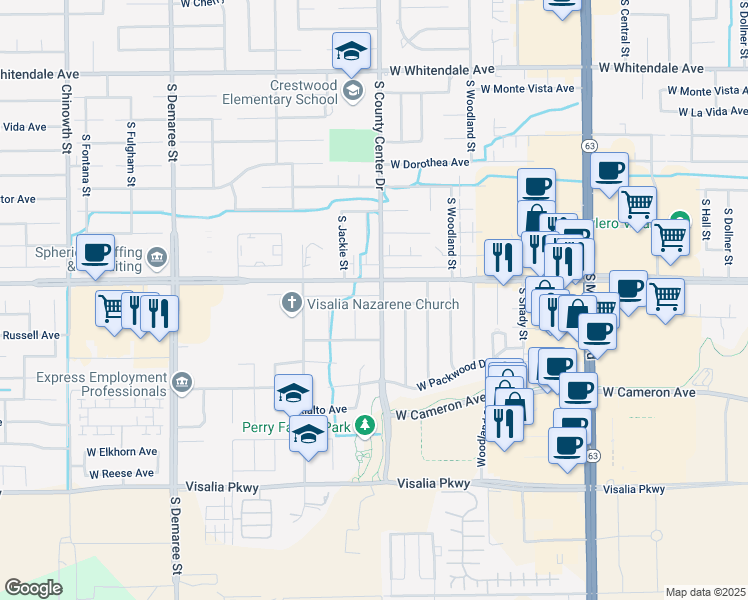 map of restaurants, bars, coffee shops, grocery stores, and more near 3649 South County Center Drive in Visalia