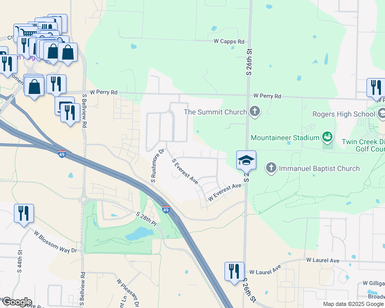 map of restaurants, bars, coffee shops, grocery stores, and more near 2754 West Kilimanjaro Way in Rogers