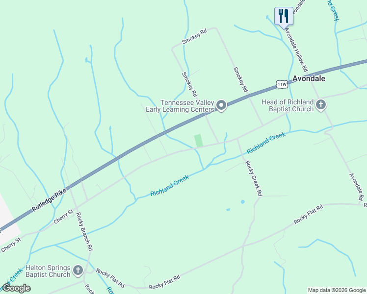 map of restaurants, bars, coffee shops, grocery stores, and more near 1333 Cherry Street in Rutledge
